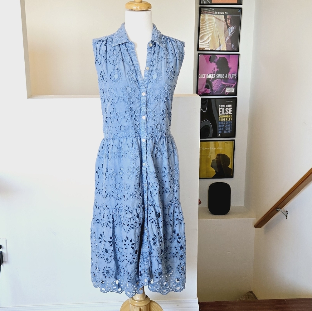 🏷️ANTHROPOLOGIE KYLA SEO Caite Palma Eyelet Midi Dress in Bluestone Size S/M - Picture 2 of 14